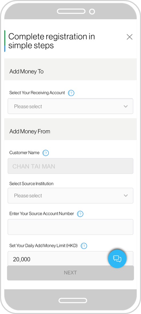 Select SCB account, Source Institution and input Source Account and Daily Add Money Limit