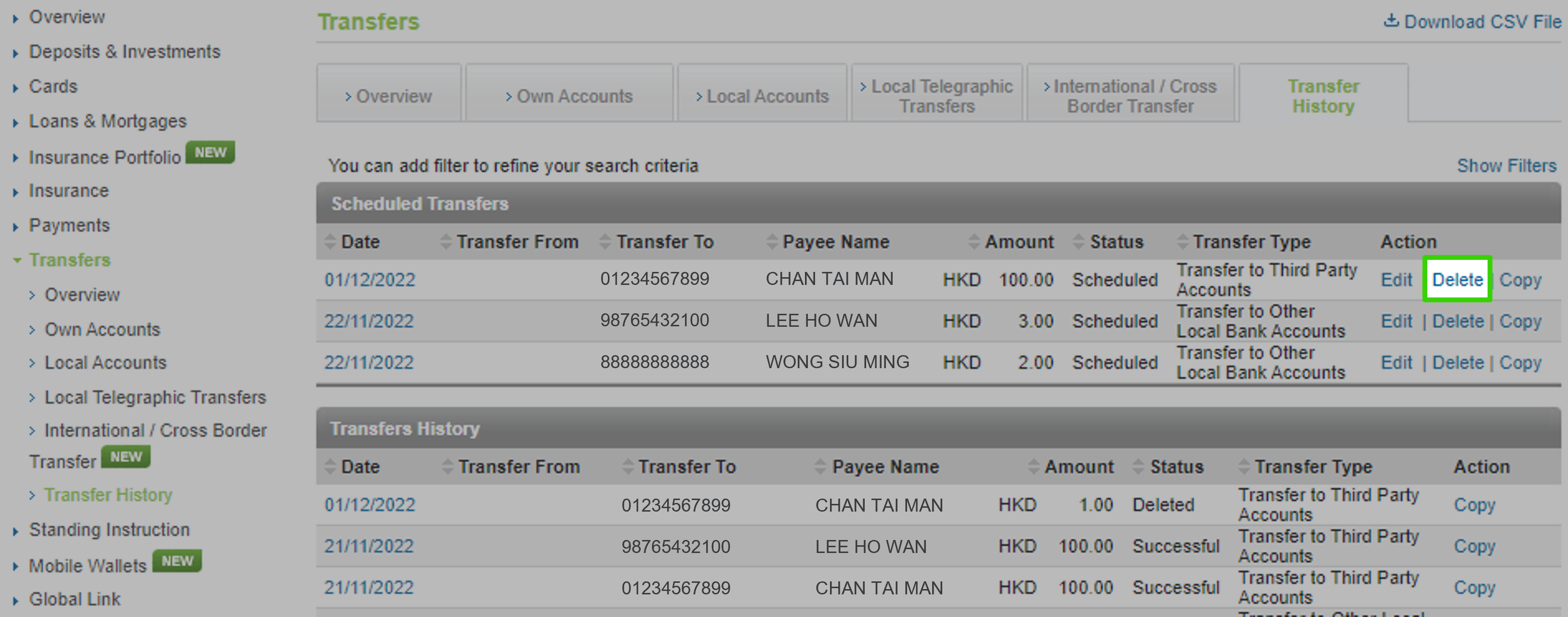Delete scheduled transfer on Online Banking step 2