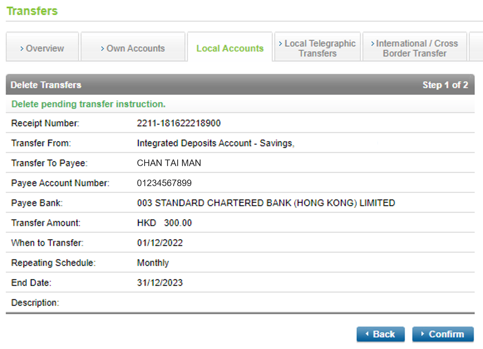 Delete scheduled transfer on Online Banking step 3