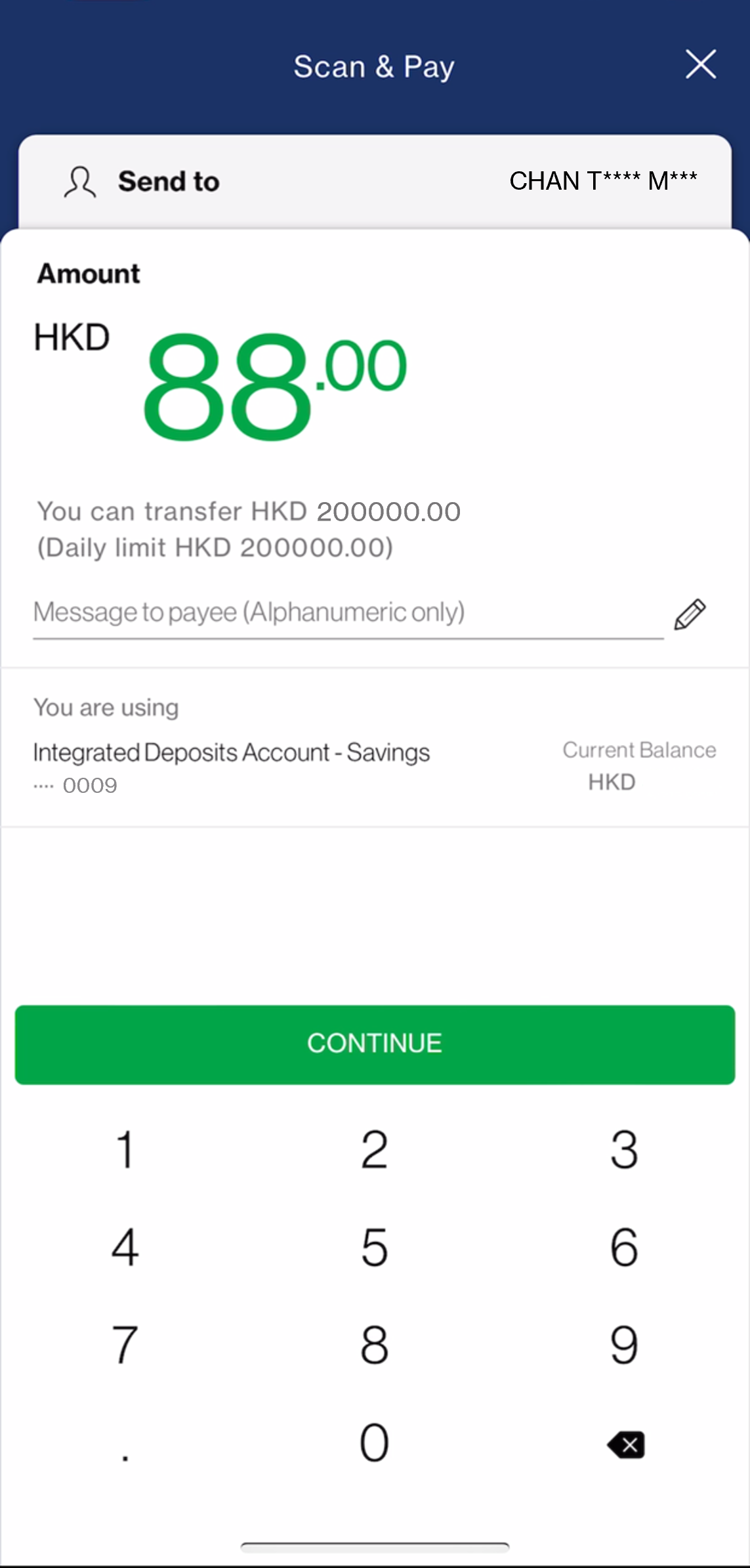 Enter transfer amount (if applicable) and payment description (optional)