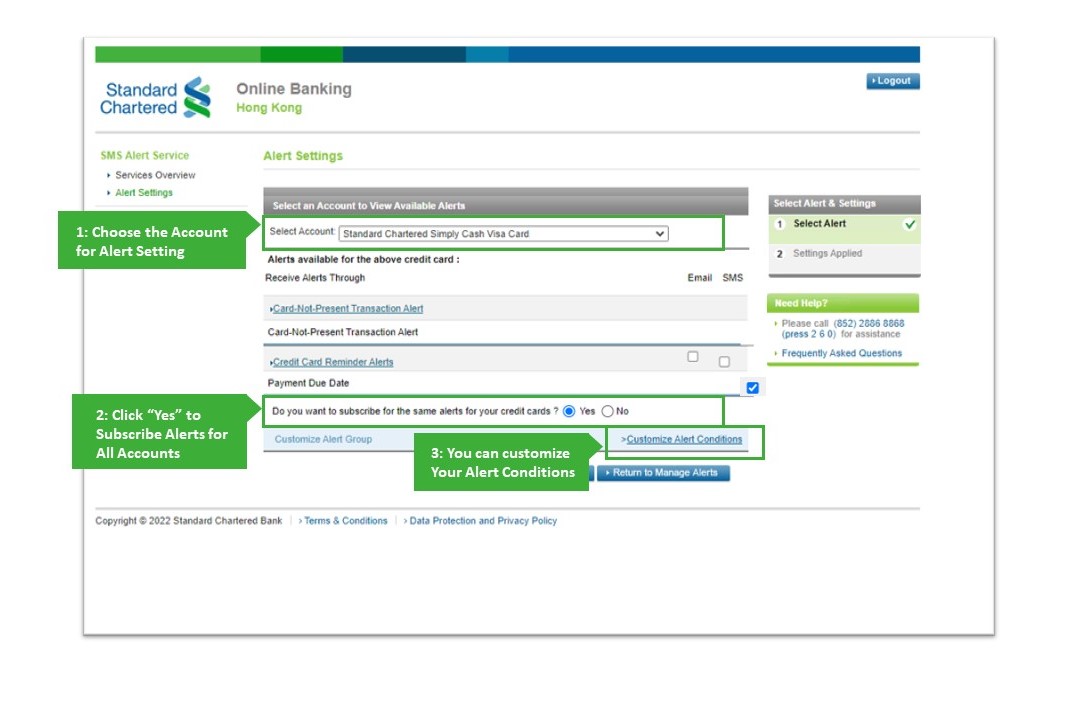 Customize Alert Conditions for Credit card Account Screen 1