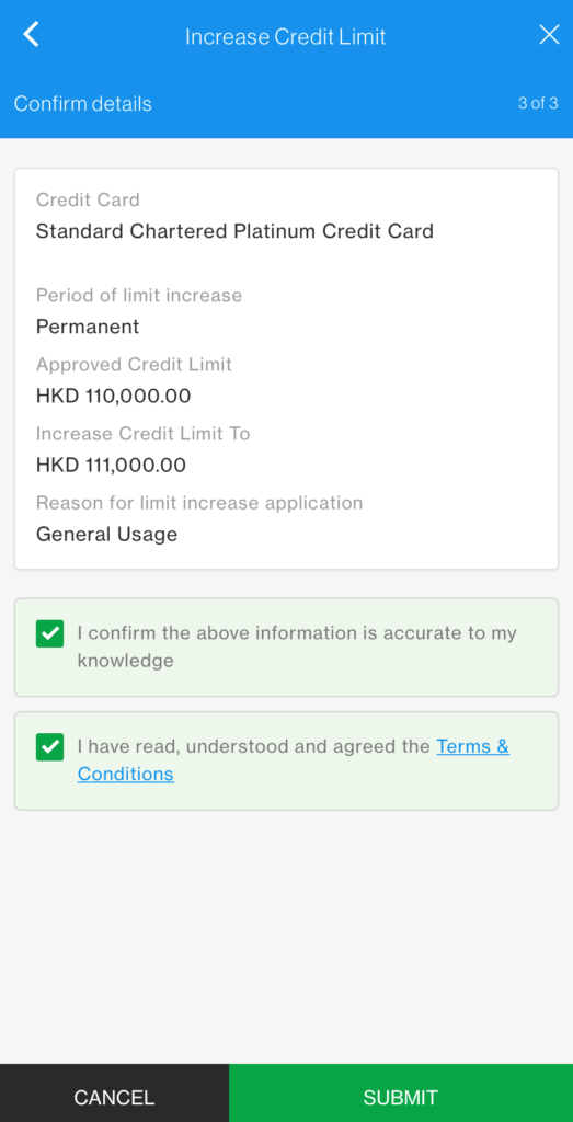 SC Mobile App Increase Credit Limit Step 6