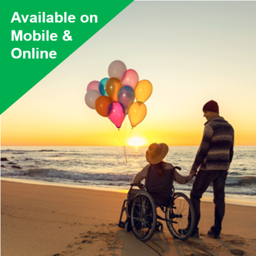 One man with another person in wheelchair who is holding a bunch of ballons