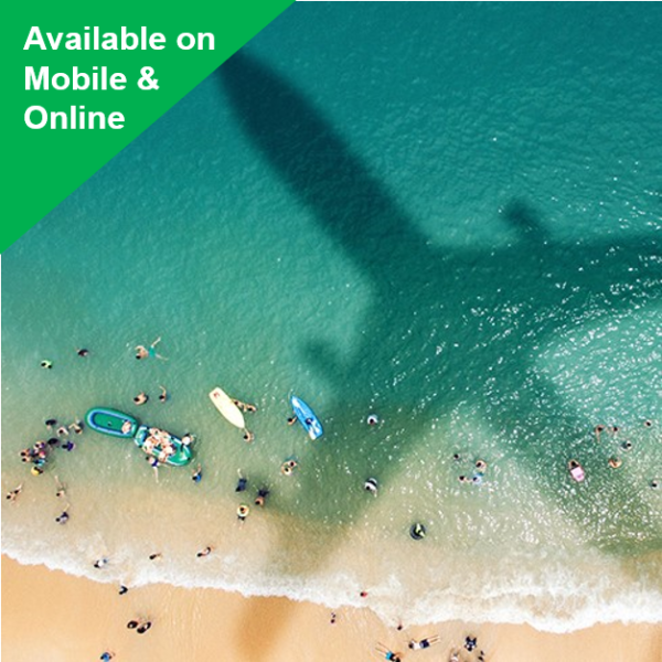 An airplane cast its shadow on a beach