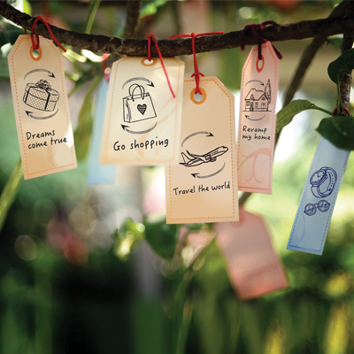 Wishing signs with wishes to spend is hanging on the tree
