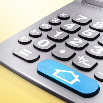 a grey calculator with a button with a house outline in blue