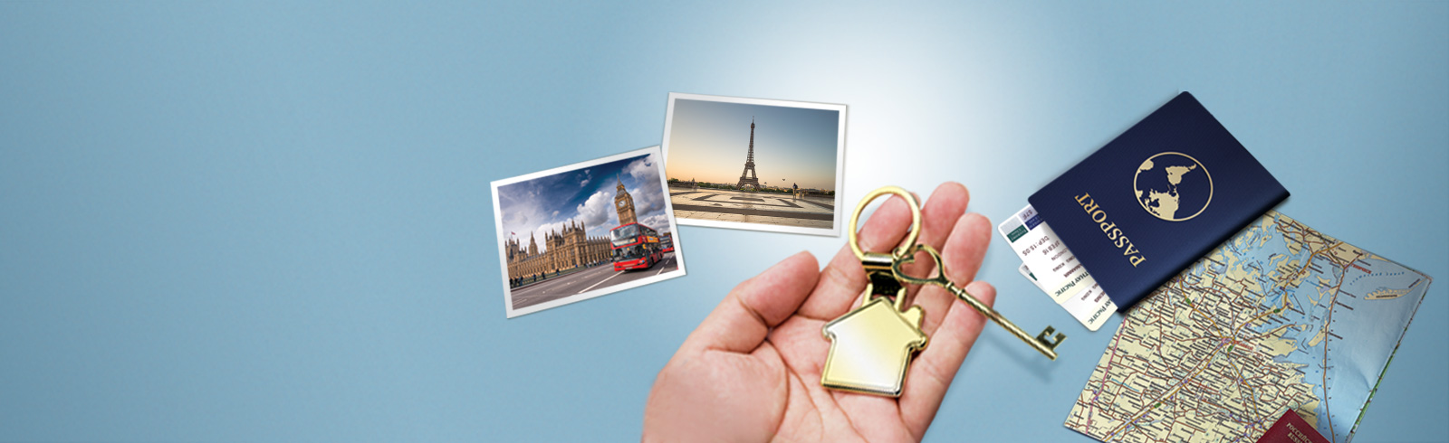 photos, passport, map, and a hand holding a key with a house keychain