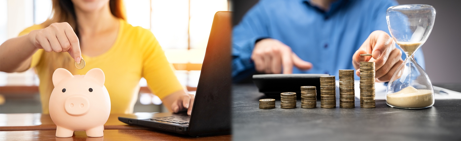 女士正在把硬幣放入豬錢罌及男士正在堆砌硬幣