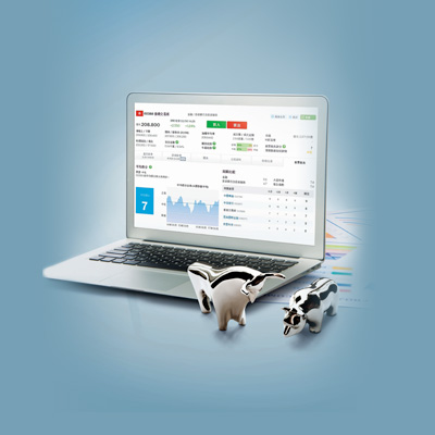 Laptop showing online foreign exchange details with 2 silver cows next to the laptop