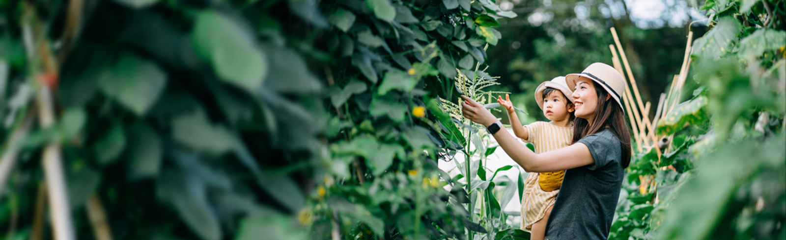 A woman holding her baby in her hand in a forest
