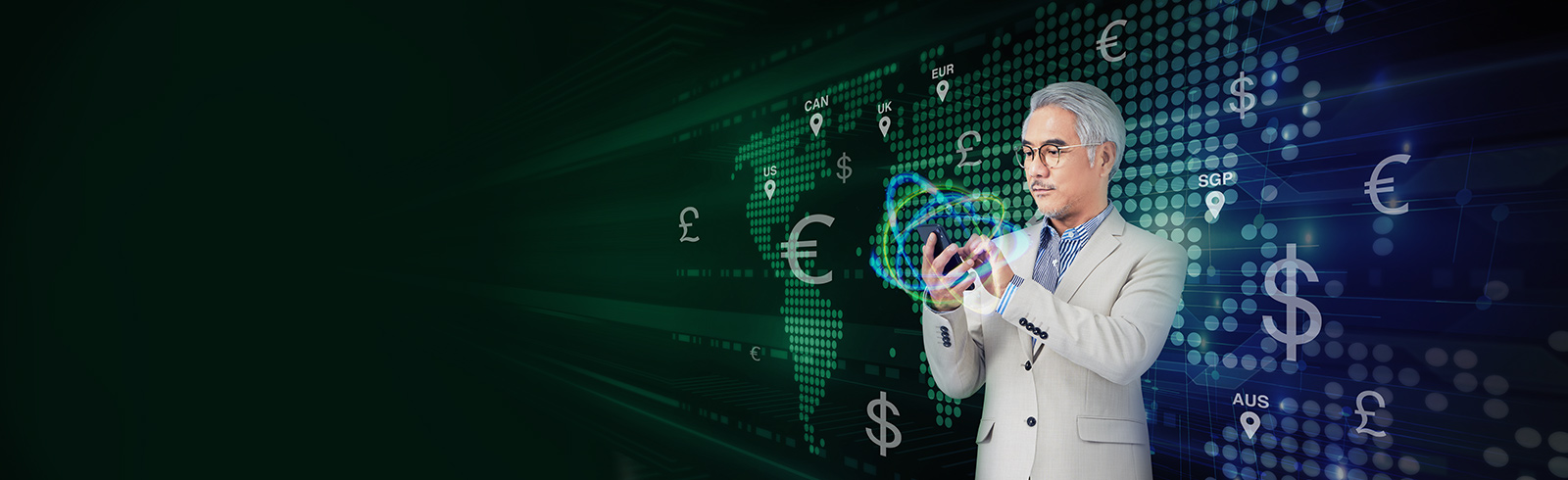 男商人在手機上以不同貨幣匯出資金；背景是一數碼世界地圖